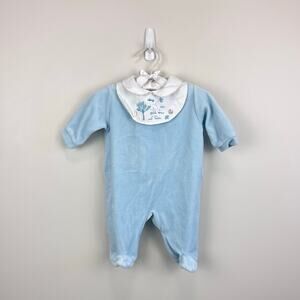 Bout'Chou Blue Velour Embroidered Bib Footie Romper 1 M